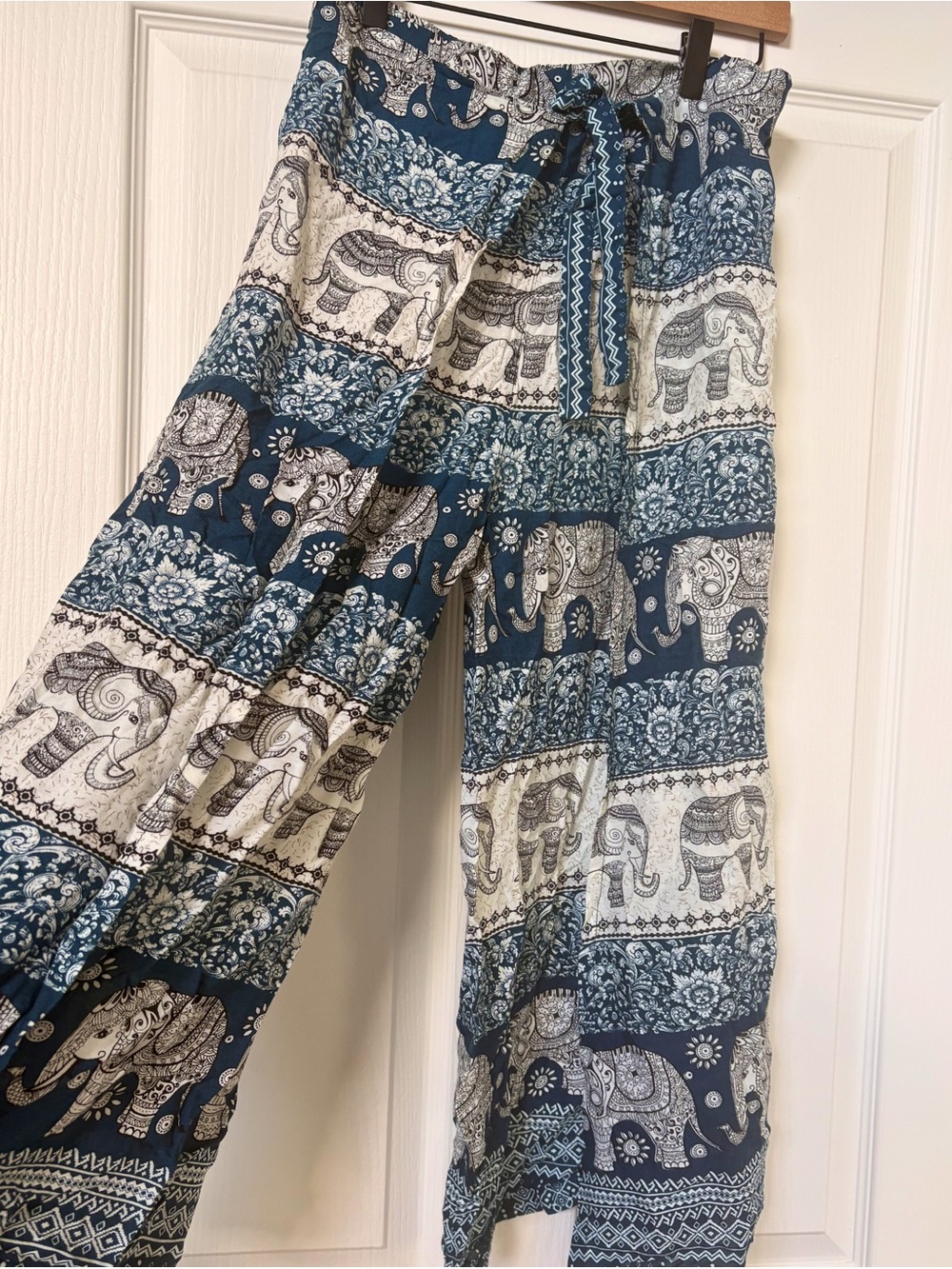 NWOT Authentic Thai Elephant Print
Wrap Palazzo Pants | Blue & White Boho OS